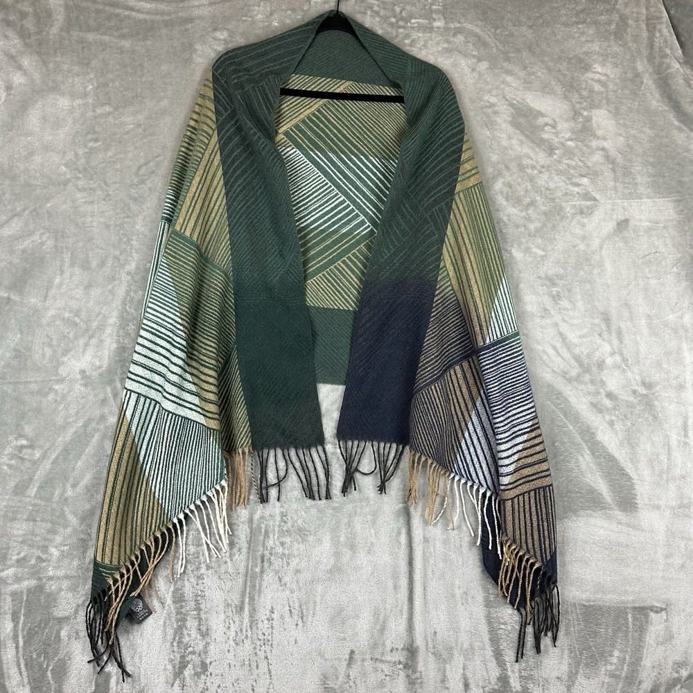 Vince Camuto Scarf Shall Wrap Green Blue Tan Geometric Stripe Fringe
